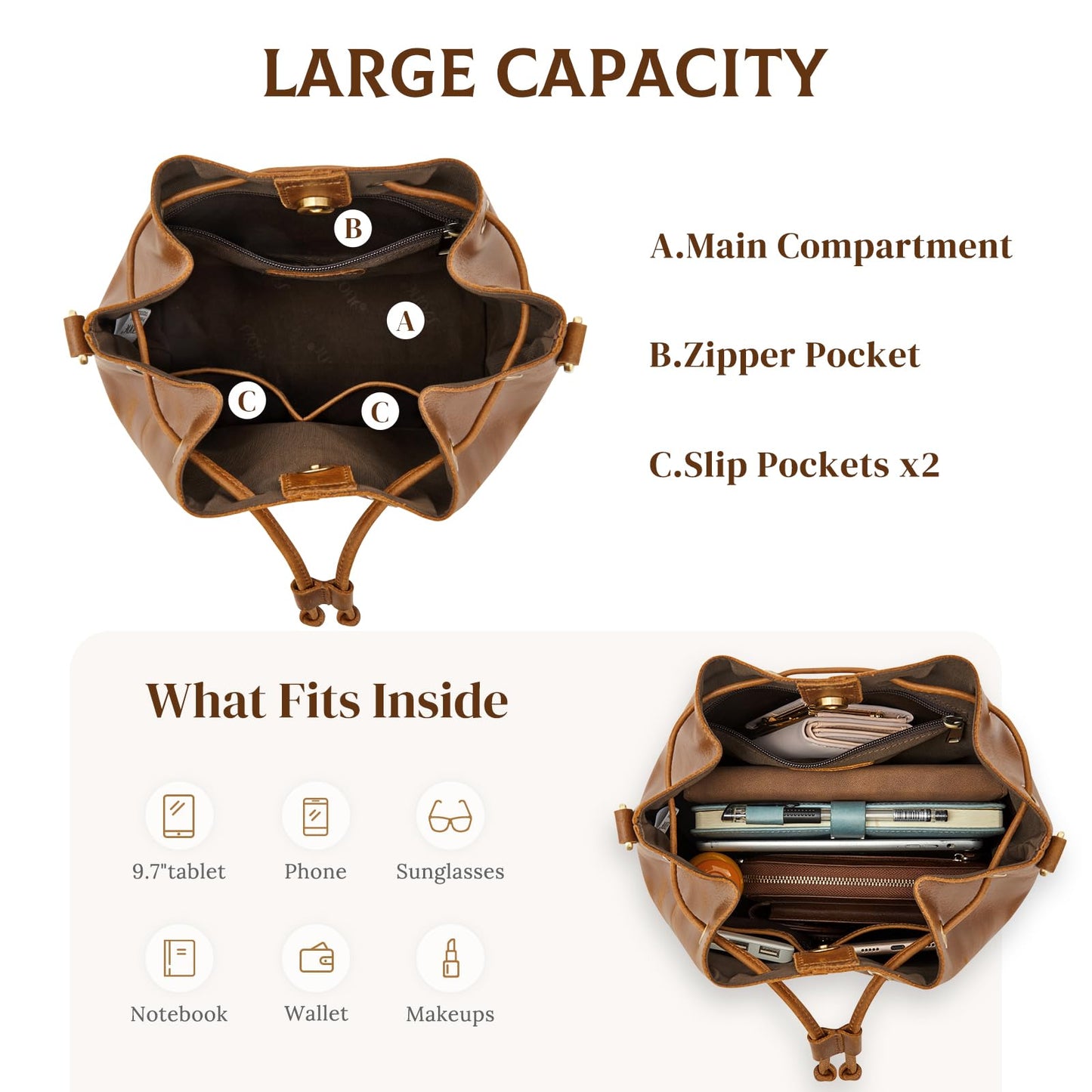 S-ZONE Luxe Leather Drawstring Bucket Bag