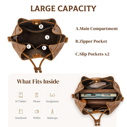 S-ZONE Luxe Leather Drawstring Bucket Bag