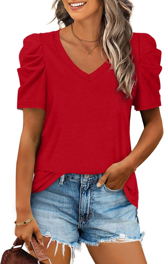 XIEERDUO Summer V-Neck Puff Sleeve Tee - All Sizes
