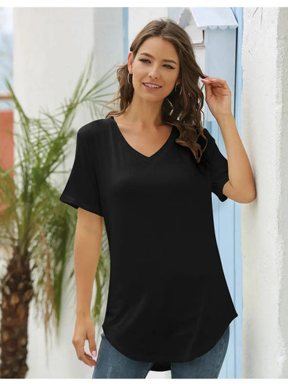 Full Size Solid V-Neck Short Sleeve T-Shirt Plus Size.