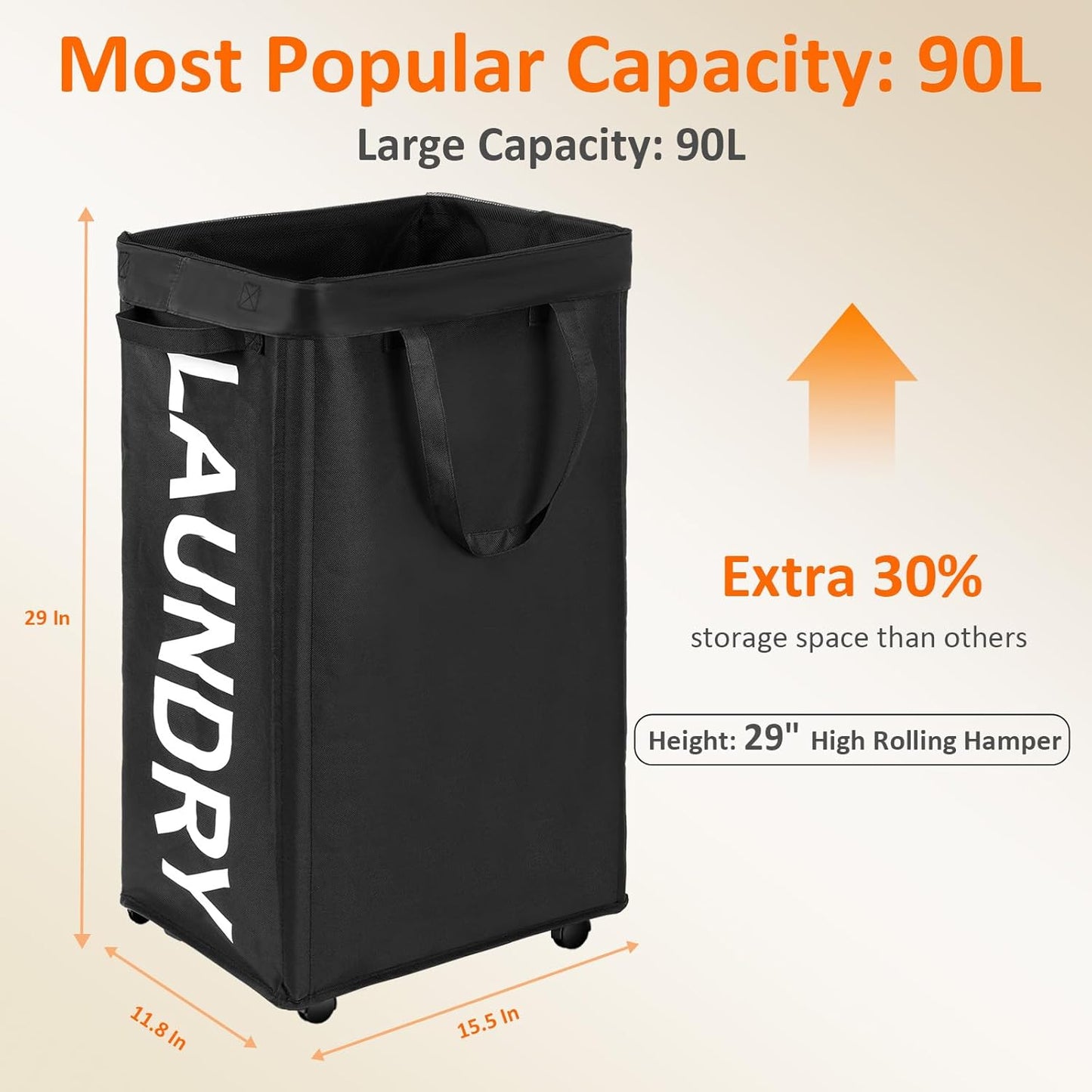 RollAway 90L Laundry Basket with Removable Bag