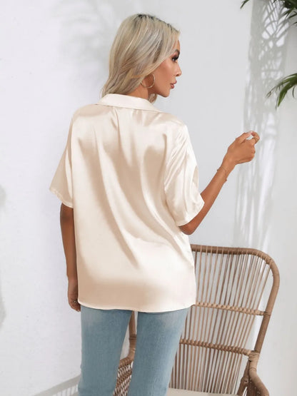 Button Down Short Sleeve Shirt - Premium Women's Down Shirt Tops from Trendsi - Just $19.48! Shop now at Handbags Specialist Headquarter