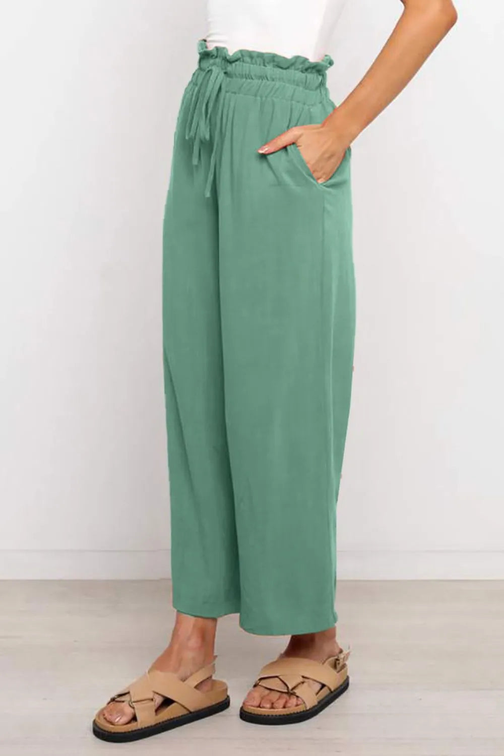 Drawstring Paperbag Waist Wide Leg Pants - Premium Women Pants from Trendsi - Just $31.99! Shop now at Handbags Specialist Headquarter