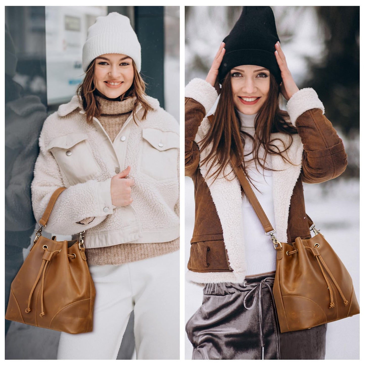 S-ZONE Luxe Leather Drawstring Bucket Bag