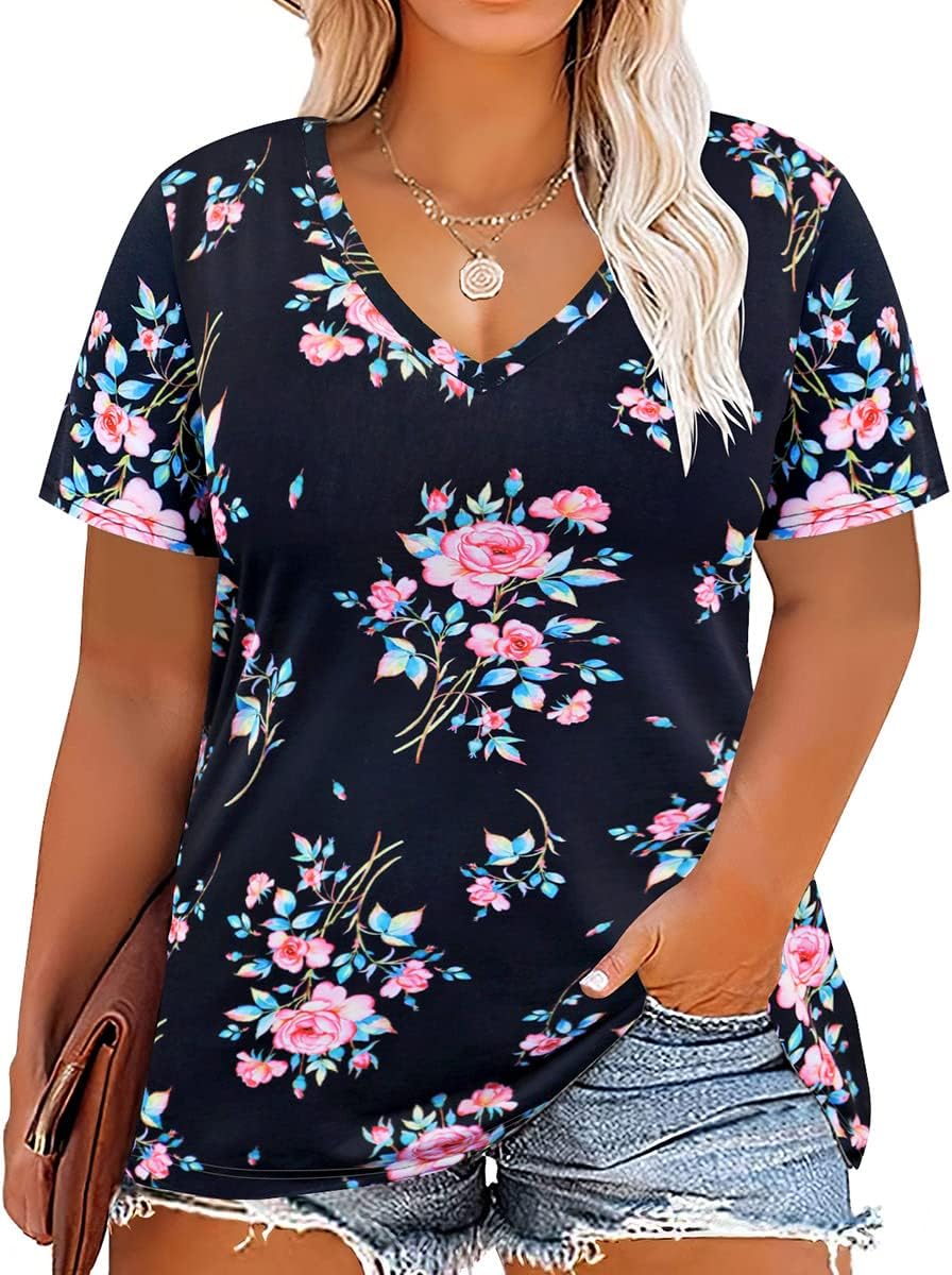 Floral V-Neck Plus Size Tunic Tops for Women