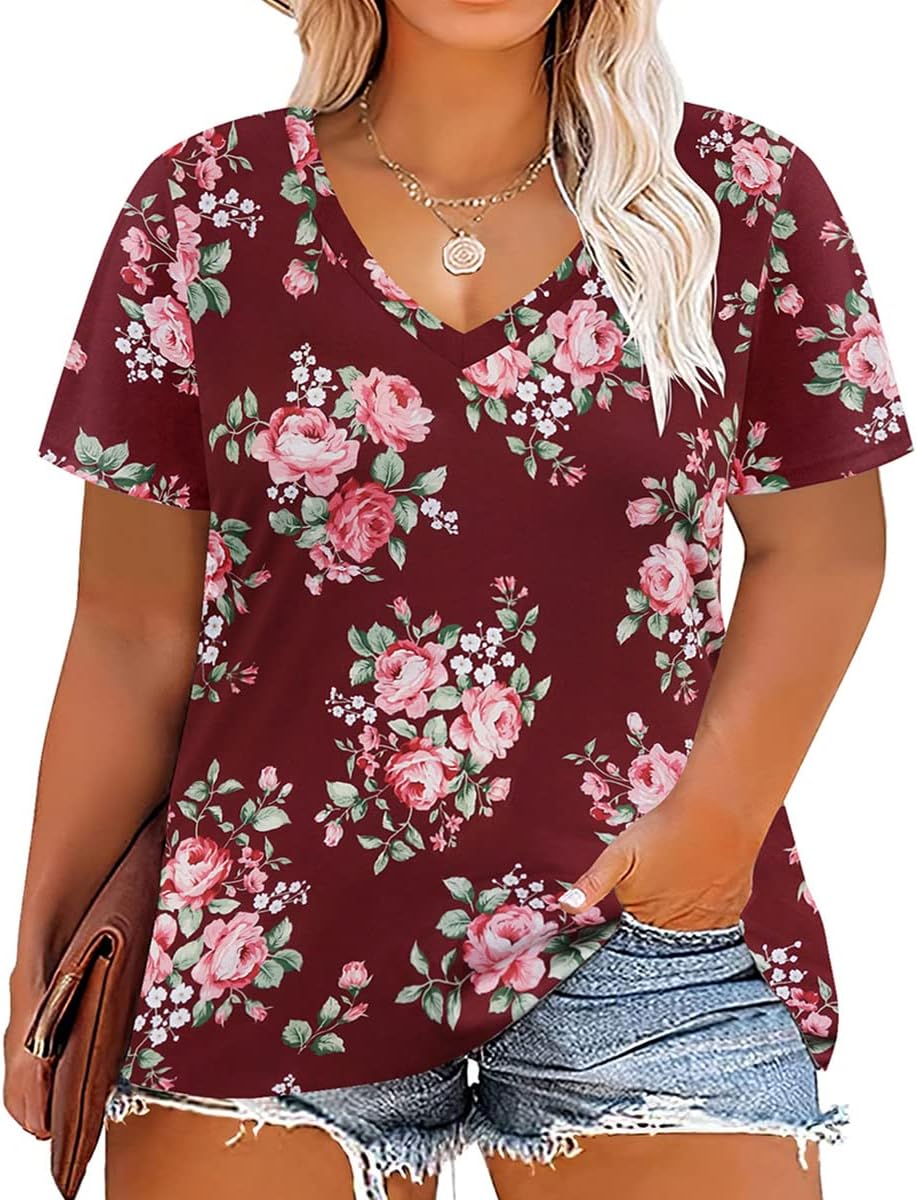 Floral V-Neck Plus Size Tunic Tops for Women