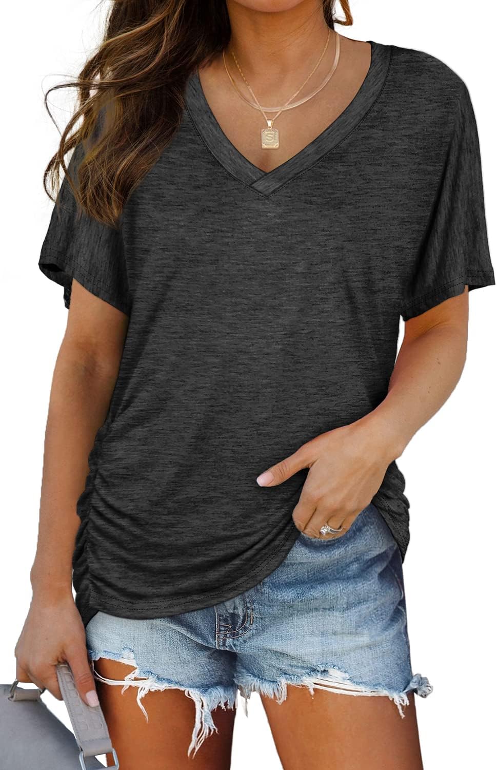WIHOLL V-Neck Dolman Top with Side Shirring