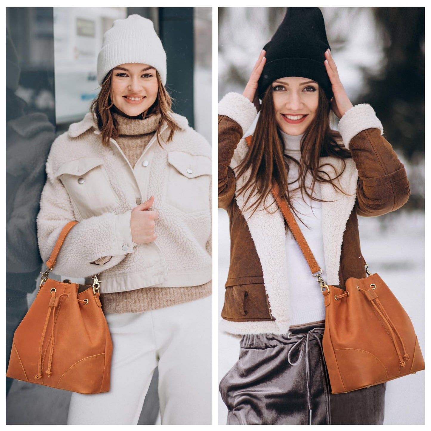 S-ZONE Luxe Leather Drawstring Bucket Bag