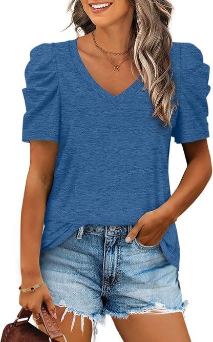 XIEERDUO Summer V-Neck Puff Sleeve Tee - All Sizes