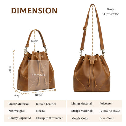 S-ZONE Luxe Leather Drawstring Bucket Bag