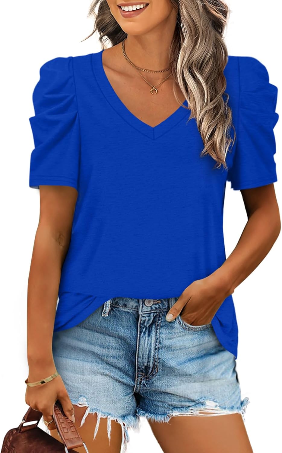 XIEERDUO Summer V-Neck Puff Sleeve Tee - All Sizes