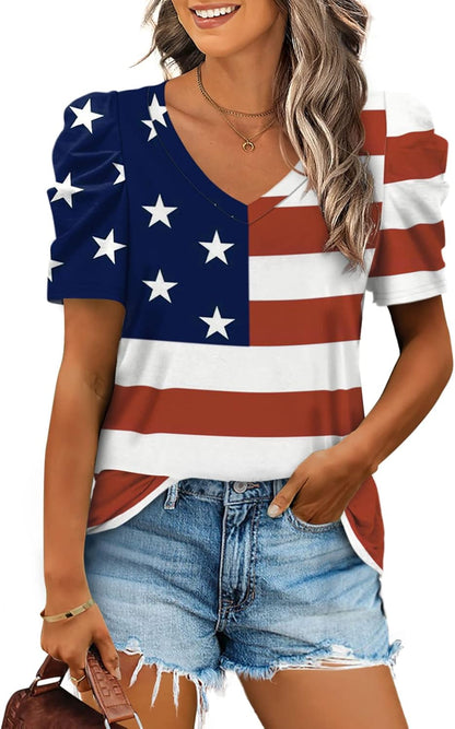 XIEERDUO Summer V-Neck Puff Sleeve Tee - All Sizes
