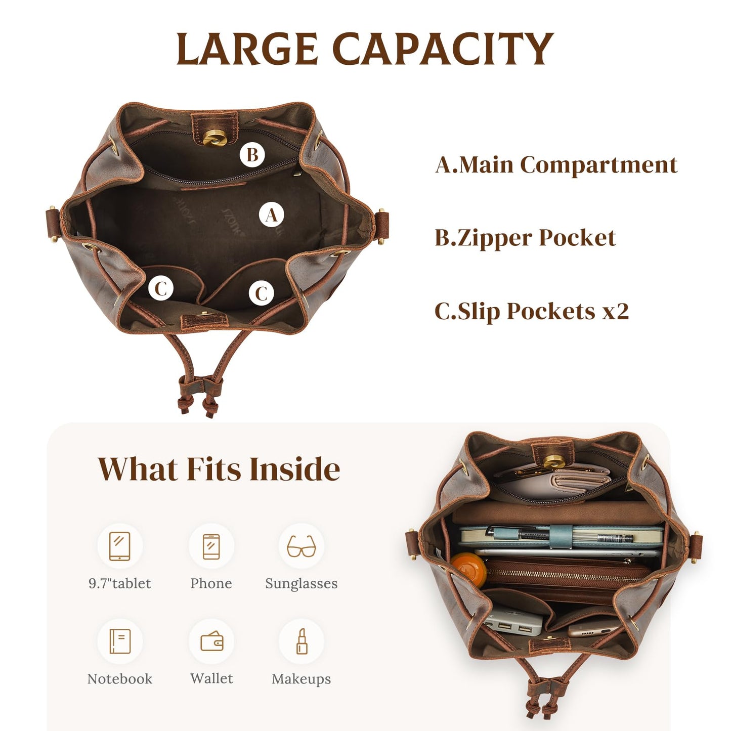 S-ZONE Luxe Leather Drawstring Bucket Bag