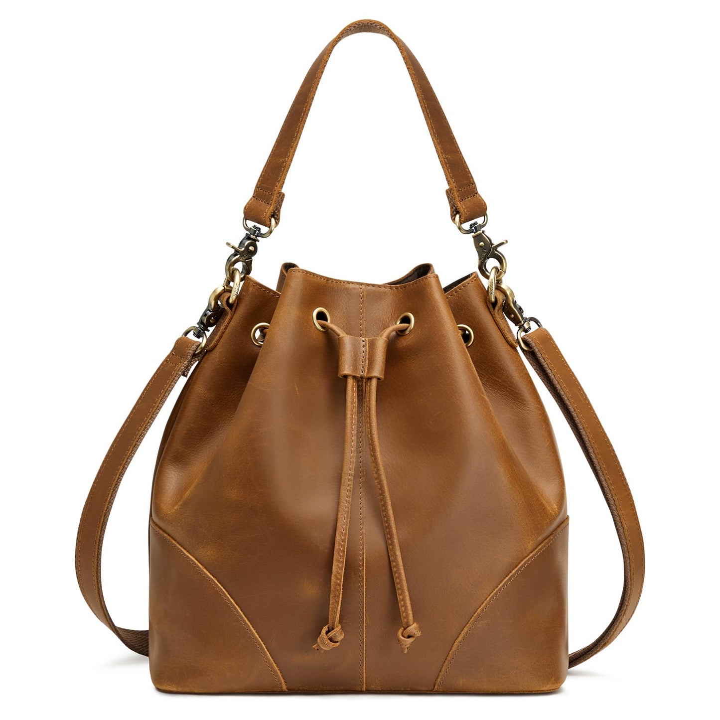 S-ZONE Luxe Leather Drawstring Bucket Bag