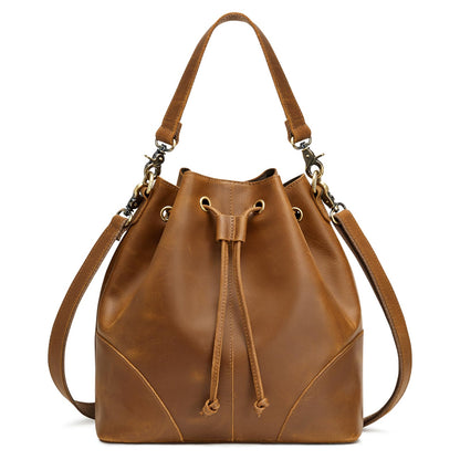 S-ZONE Luxe Leather Drawstring Bucket Bag