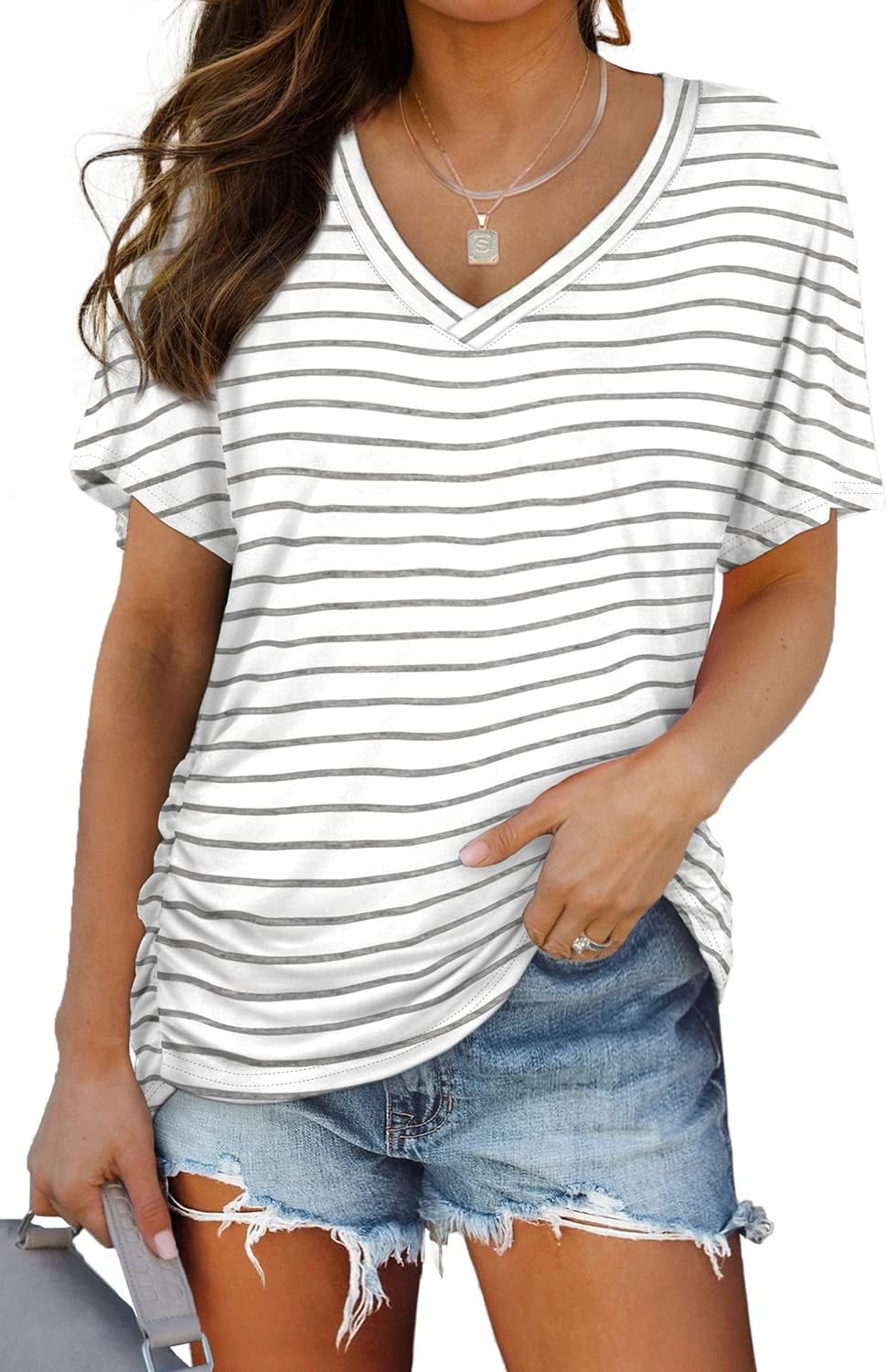 WIHOLL V-Neck Dolman Top with Side Shirring