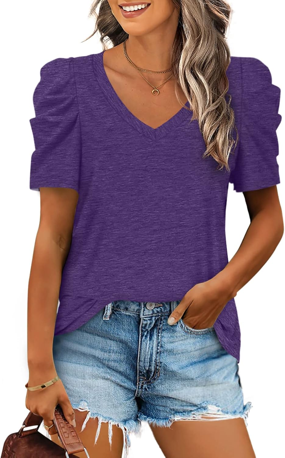 XIEERDUO Summer V-Neck Puff Sleeve Tee - All Sizes