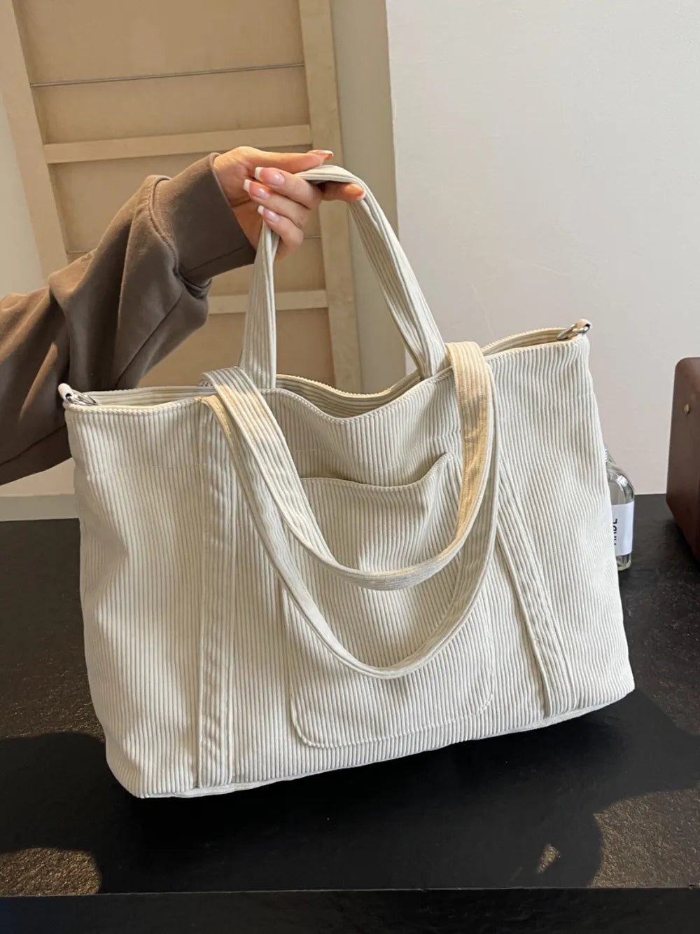 Corduroy Solid Large Tote Bag - Premium Tote Bag from Trendsi - Just $39.99! Shop now at Handbags Specialist Headquarter