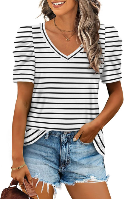 XIEERDUO Summer V-Neck Puff Sleeve Tee - All Sizes