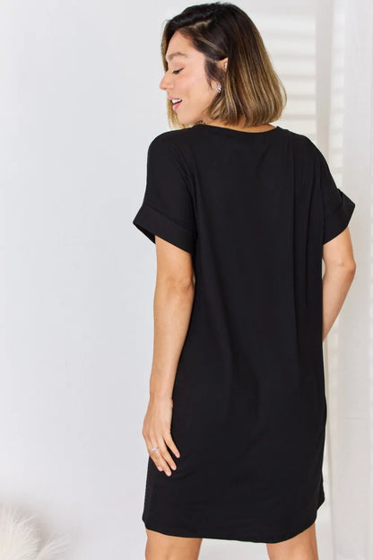 Zenana Full Size Rolled Short Sleeve V-Neck Dress - Premium Dresses from Trendsi - Just $22.99! Shop now at Handbags Specialist Headquarter