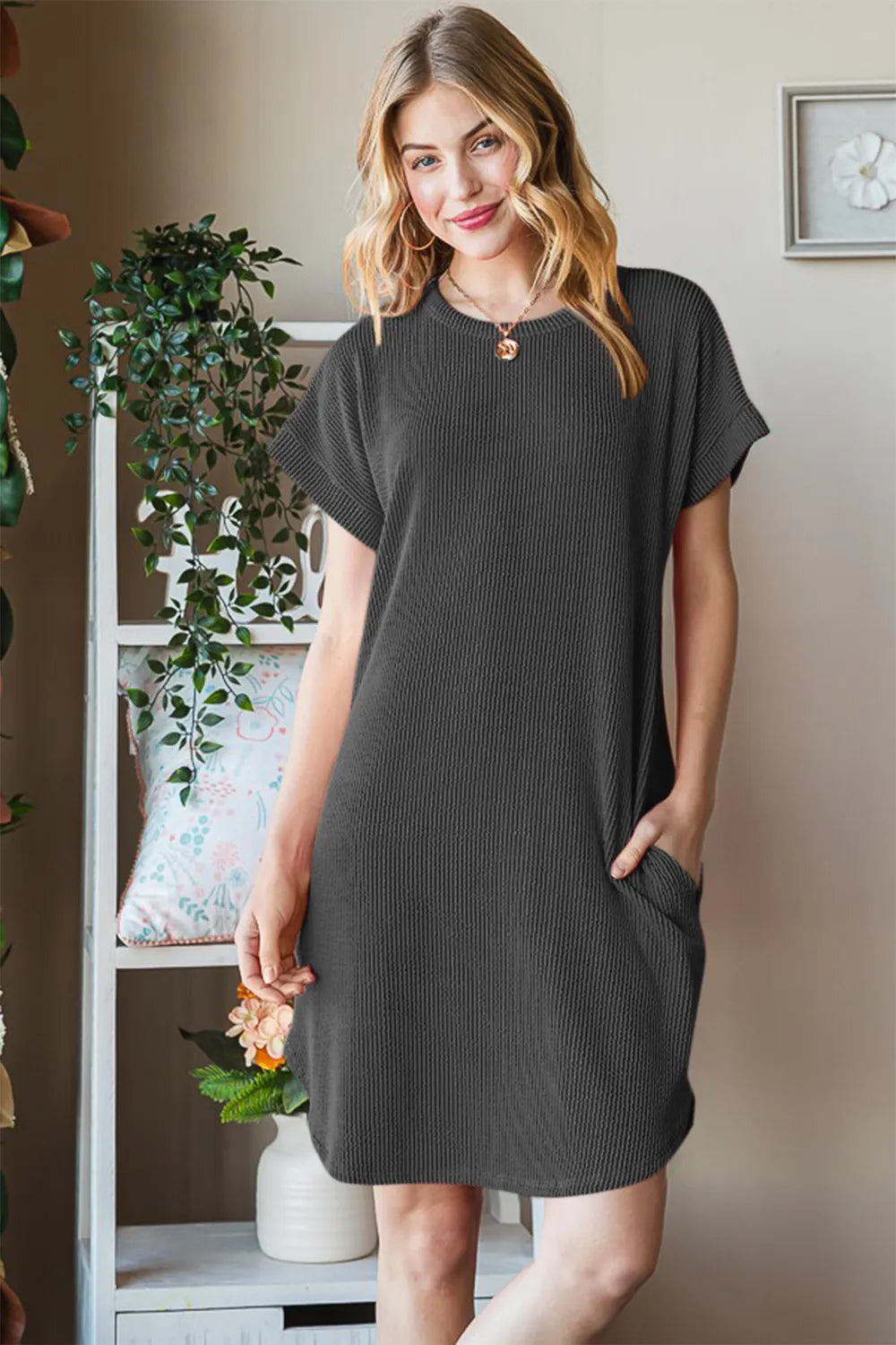Heimish Full Size Ribbed Round Neck Short Sleeve Tee Dress - Premium Dresses from Trendsi - Just $36.99! Shop now at Handbags Specialist Headquarter