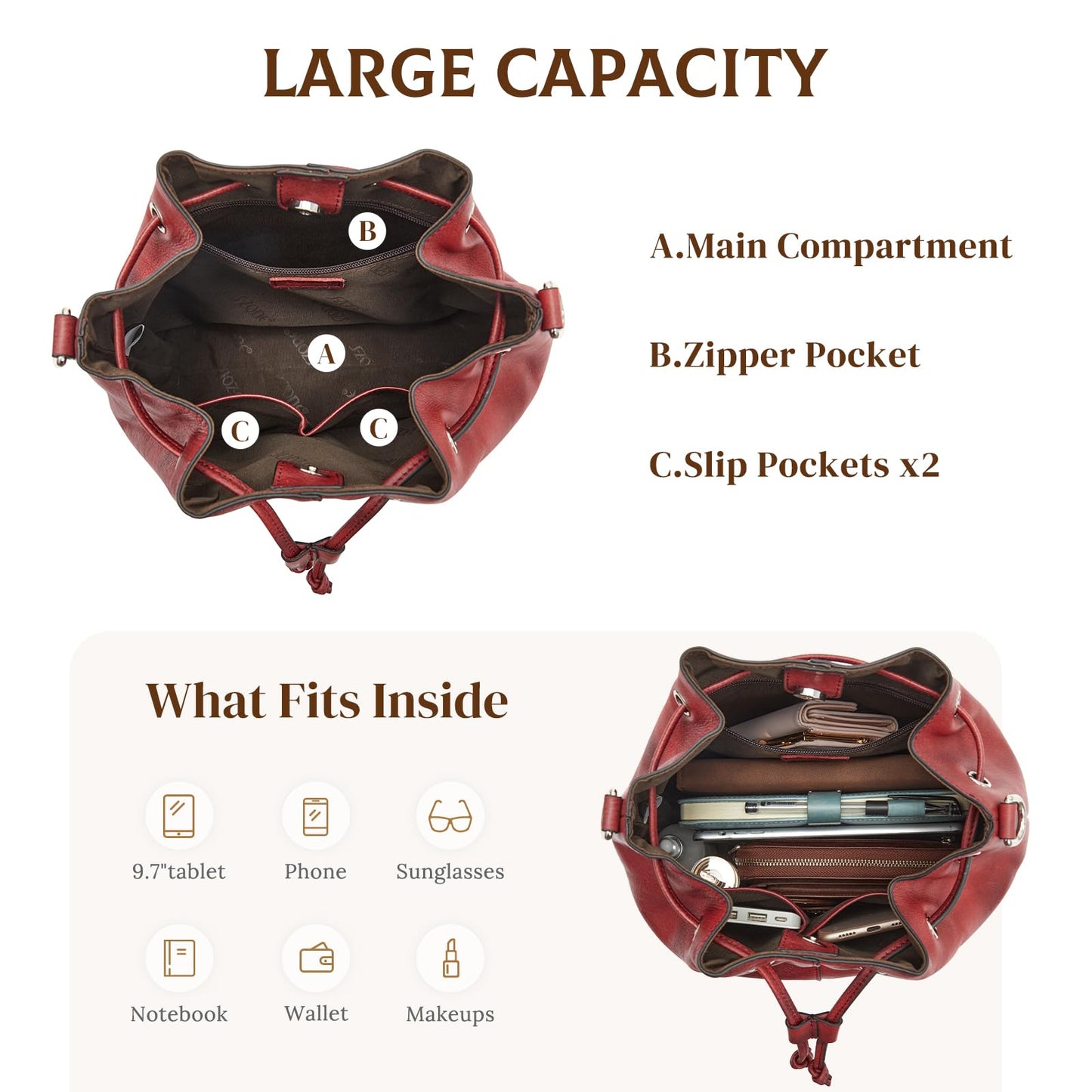 S-ZONE Luxe Leather Drawstring Bucket Bag