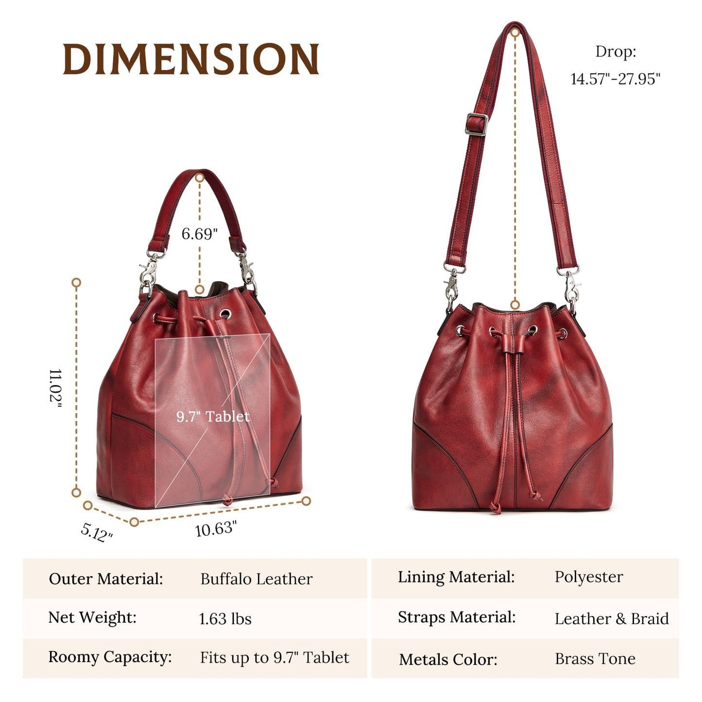 S-ZONE Luxe Leather Drawstring Bucket Bag