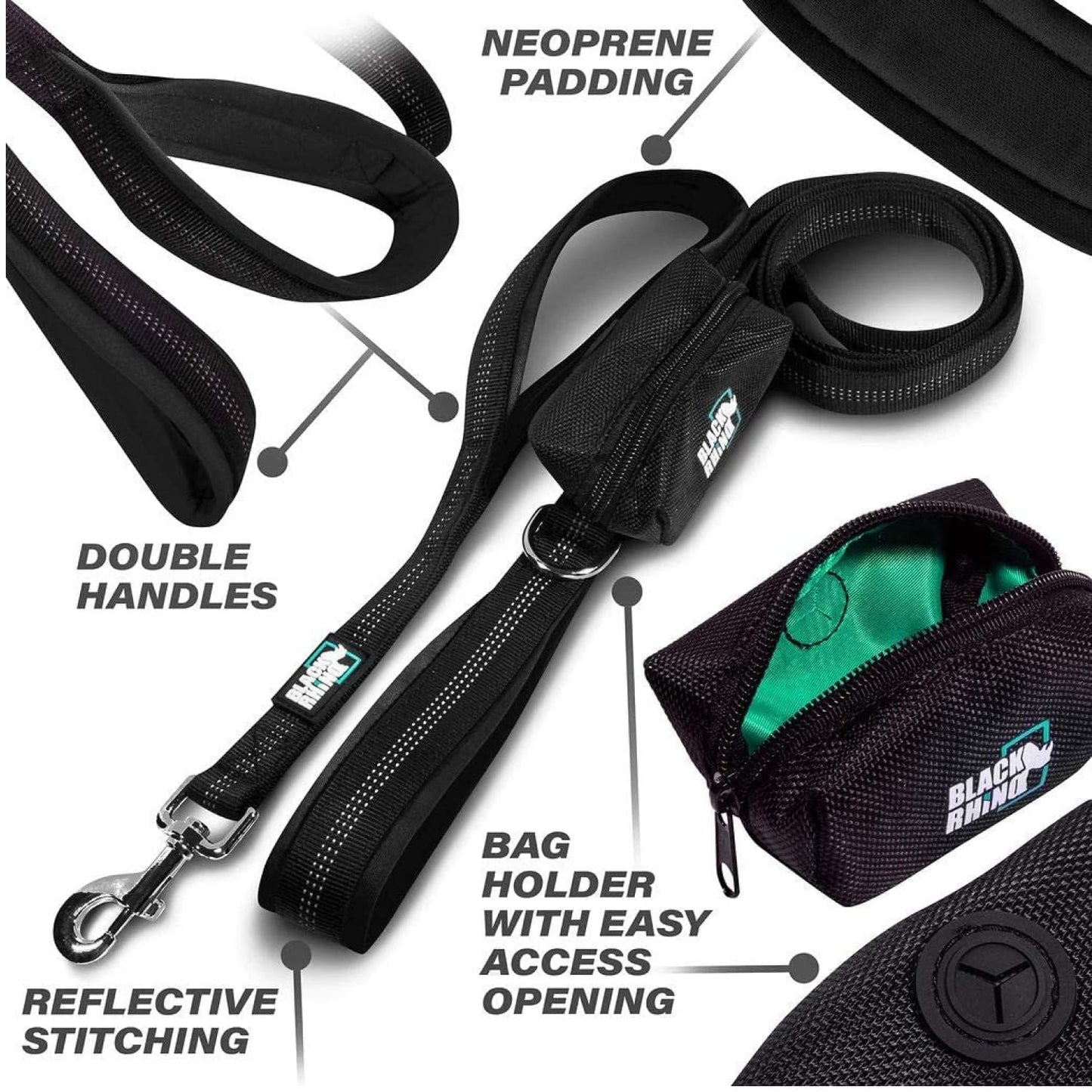 RhinoGrip Aqua: Double Handle Reflective Dog Leash