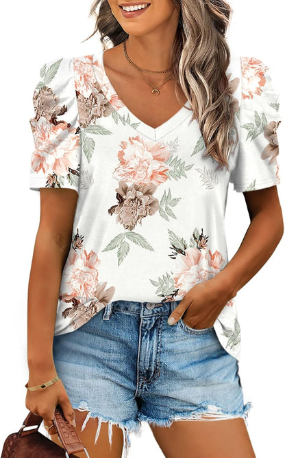 XIEERDUO Summer V-Neck Puff Sleeve Tee - All Sizes