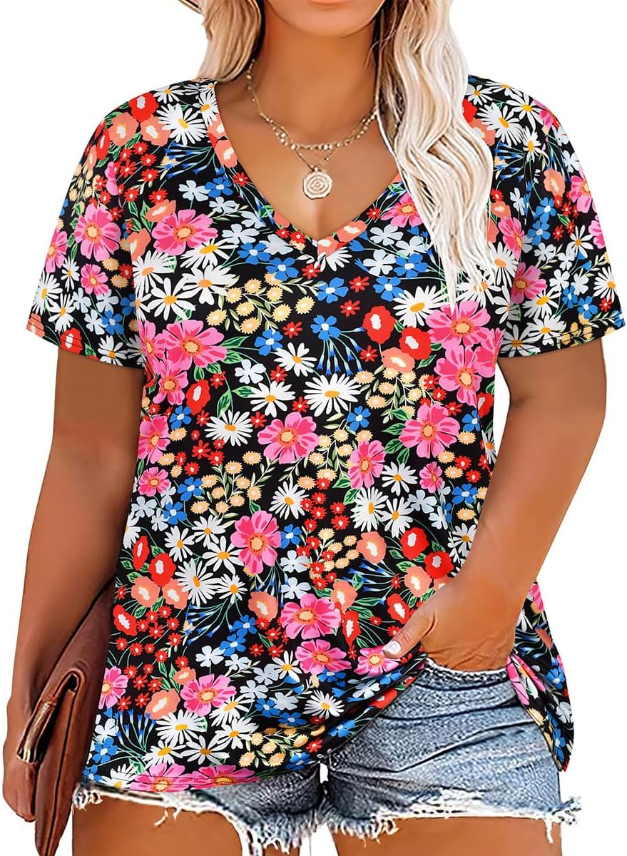 Floral V-Neck Plus Size Tunic Tops for Women