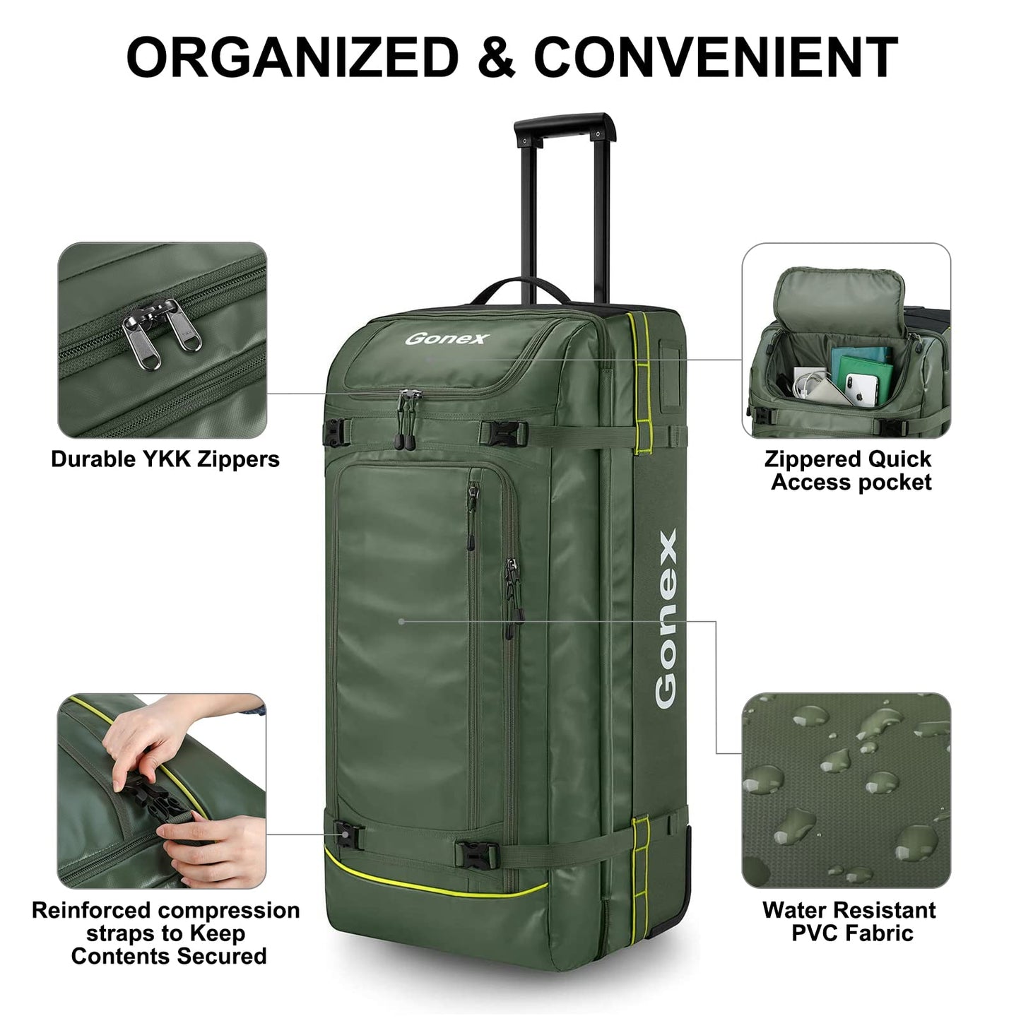Gonex 70L Wheeled Duffle - Olive Green Travel Bag