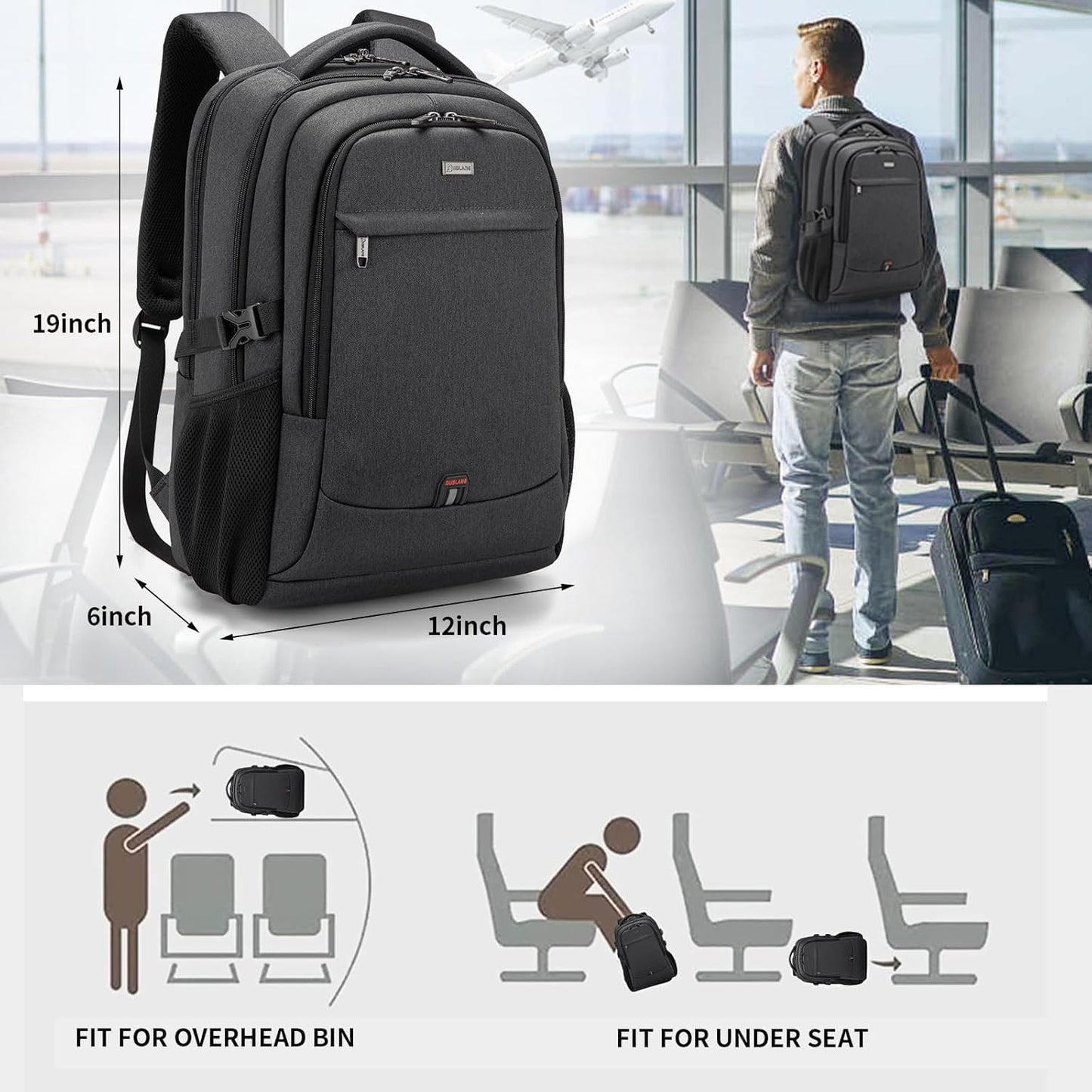 DUSLANG Travel Laptop Backpack with USB Port - Black