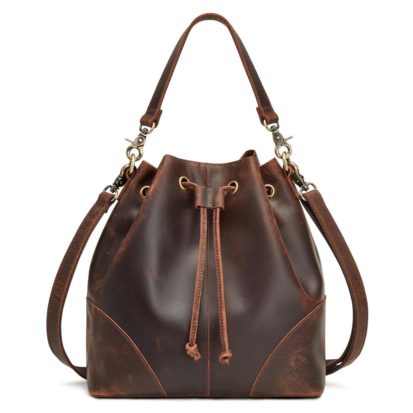 S-ZONE Luxe Leather Drawstring Bucket Bag