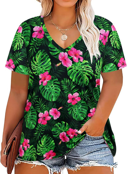 Floral V-Neck Plus Size Tunic Tops for Women