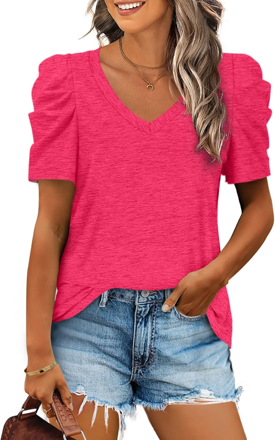 XIEERDUO Summer V-Neck Puff Sleeve Tee - All Sizes