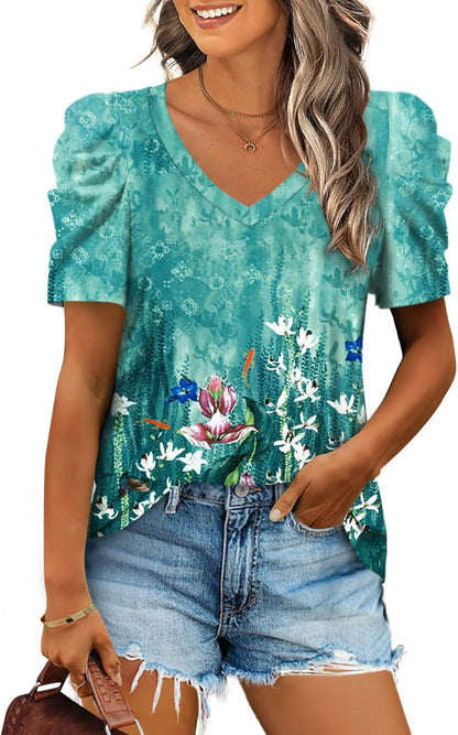 XIEERDUO Summer V-Neck Puff Sleeve Tee - All Sizes