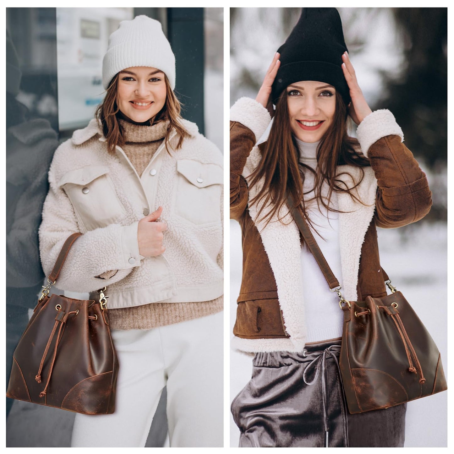 S-ZONE Luxe Leather Drawstring Bucket Bag