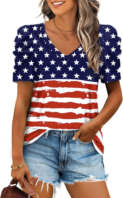 XIEERDUO Summer V-Neck Puff Sleeve Tee - All Sizes