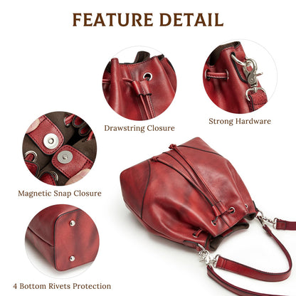 S-ZONE Luxe Leather Drawstring Bucket Bag