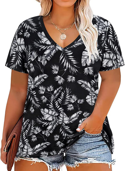 Floral V-Neck Plus Size Tunic Tops for Women