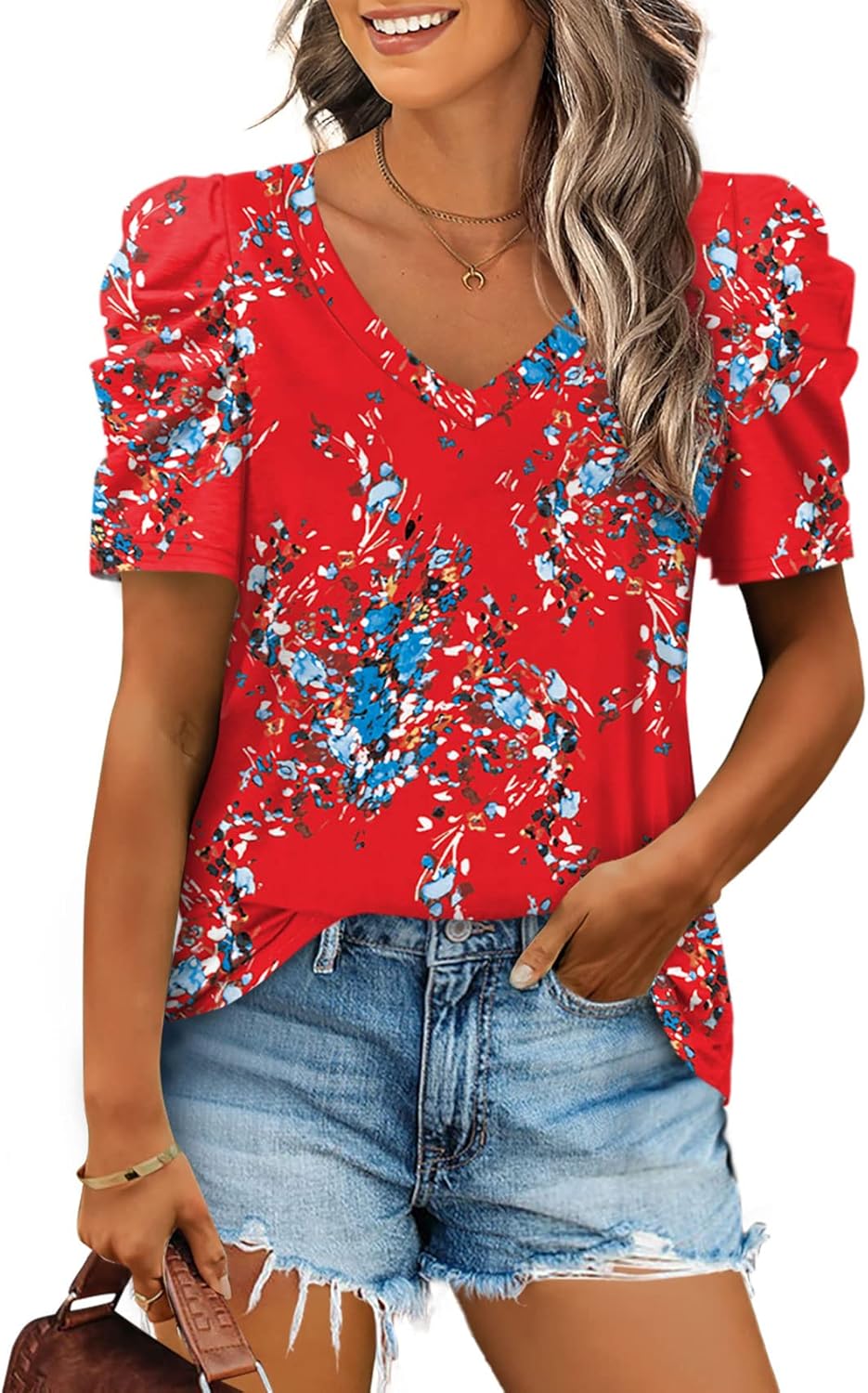 XIEERDUO Summer V-Neck Puff Sleeve Tee - All Sizes