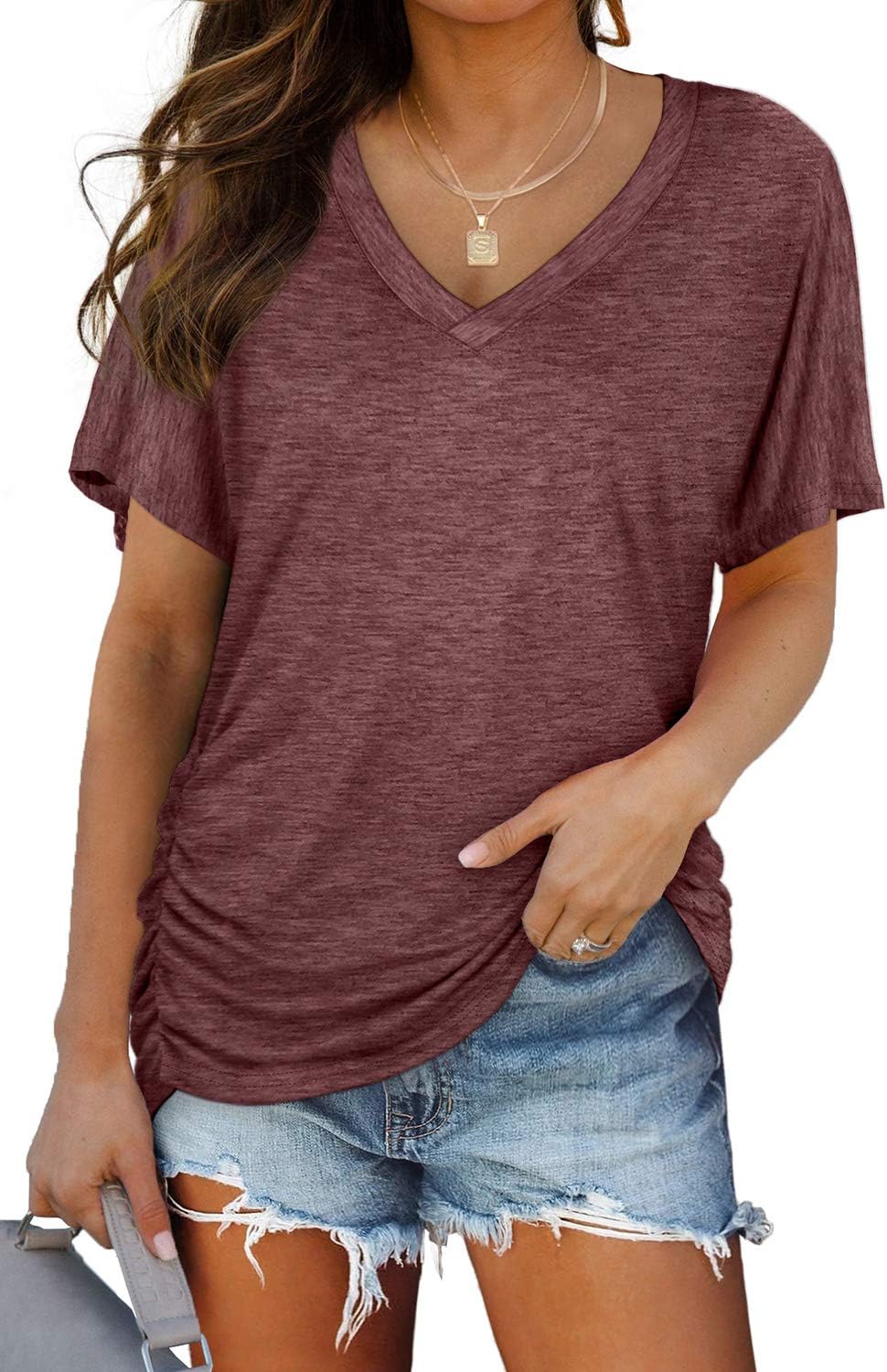WIHOLL V-Neck Dolman Top with Side Shirring