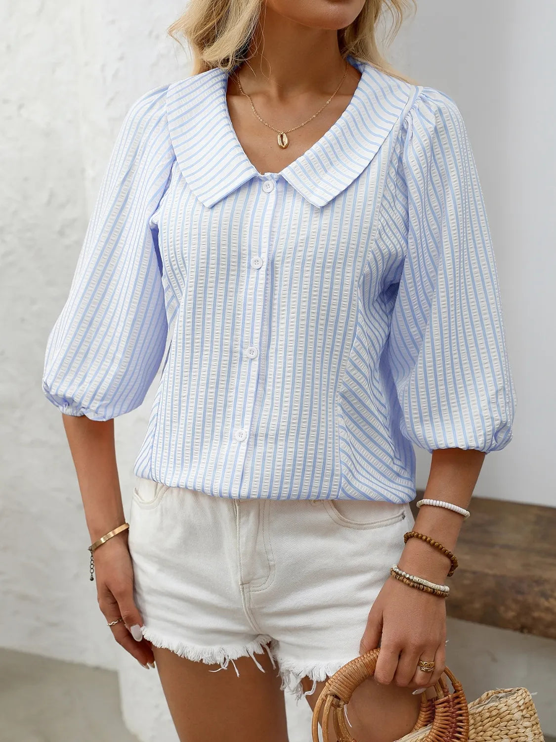 Striped Button Down 3/4 Sleeve Shirt - Premium Women's Down Shirt Tops from Trendsi - Just $27.74! Shop now at Handbags Specialist Headquarter