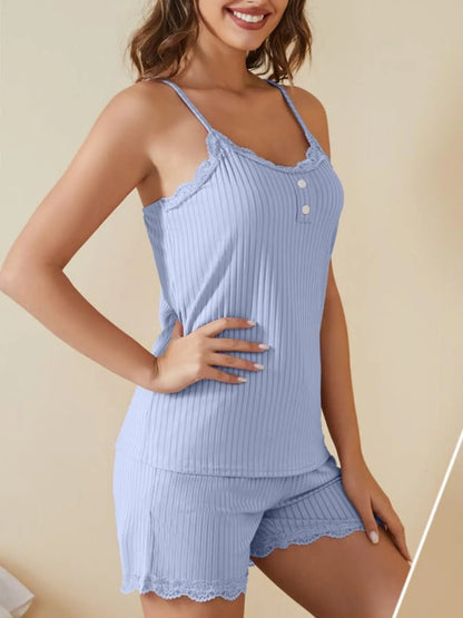 Lace-Trimmed Ribbed Cami and Shorts Lounge Set - Premium Sleepwear from Trendsi - Just $33.99! Shop now at Handbags Specialist Headquarter