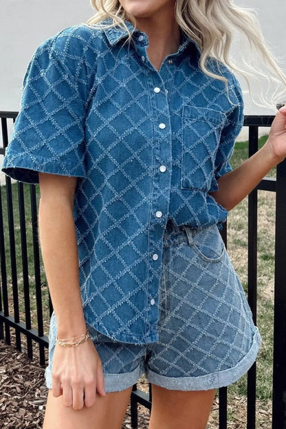 Pocketed Collared Neck Short Sleeve Denim Shirt - Premium Women / Jeans & Denim from Trendsi - Just $40.86! Shop now at Handbags Specialist Headquarter