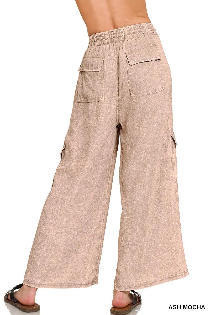 Zenana Washed Linen Elastic Band Waist Cargo Pants - Premium Women Pants from Trendsi - Just $42.99! Shop now at Handbags Specialist Headquarter