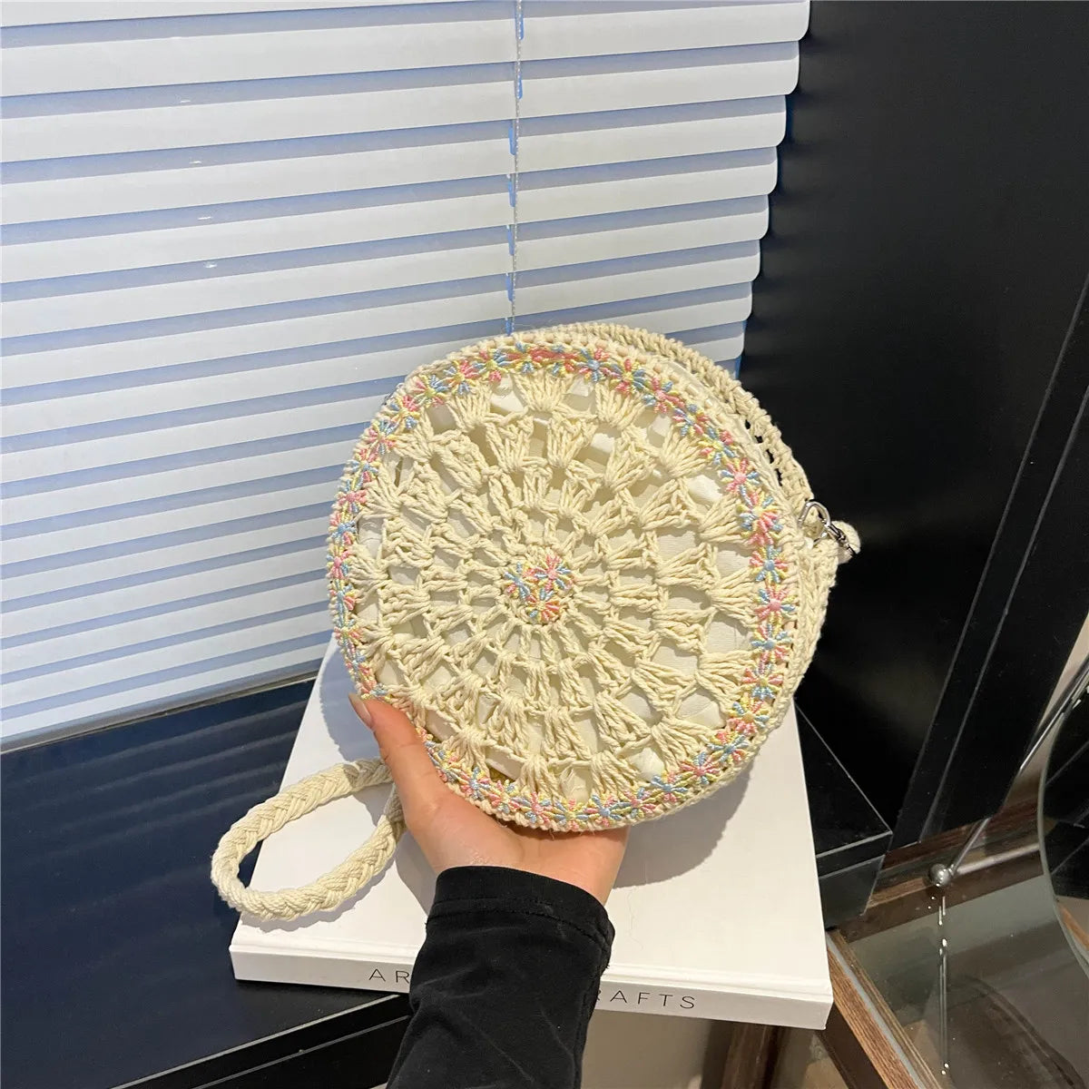 Handmade Round Crochet Straw Handbag - Premium handbags from Trendsi - Just $37.99! Shop now at Handbags Specialist Headquarter