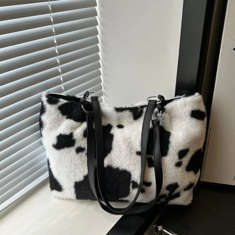 Cow Print Furry Tote Bag - Premium Tote Bag from Trendsi - Just $39.99! Shop now at Handbags Specialist Headquarter
