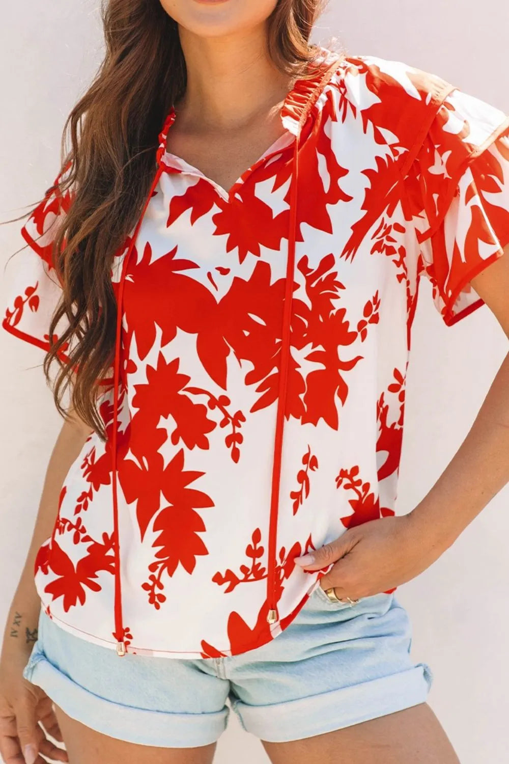 Plant Print Tiered Ruffled Sleeve Tie Neck Blouse - Premium Tops from Trendsi - Just $26.02! Shop now at Handbags Specialist Headquarter