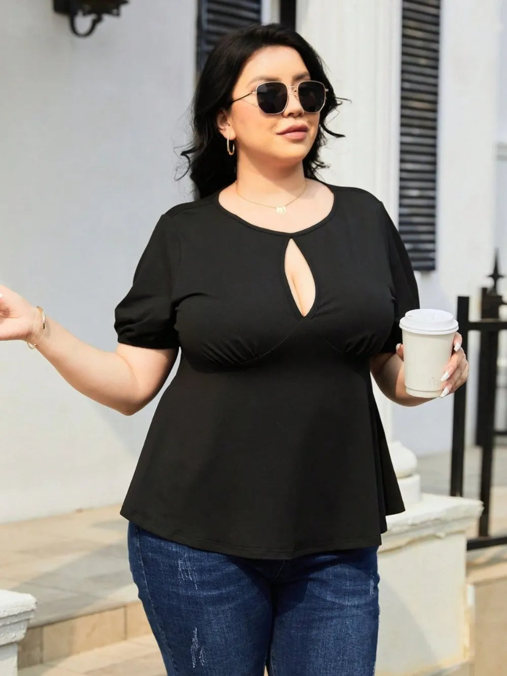 Plus Size Cutout Short Sleeve Blouse - Premium Plus Size Shirts from Trendsi - Just $21! Shop now at Handbags Specialist Headquarter